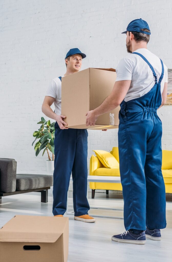 two movers in uniform transporting cardboard box in living room